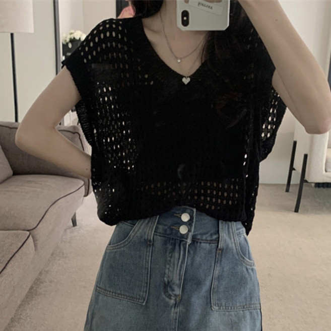 The Flow Commerce 女款V領網眼針織夏季罩衫背心