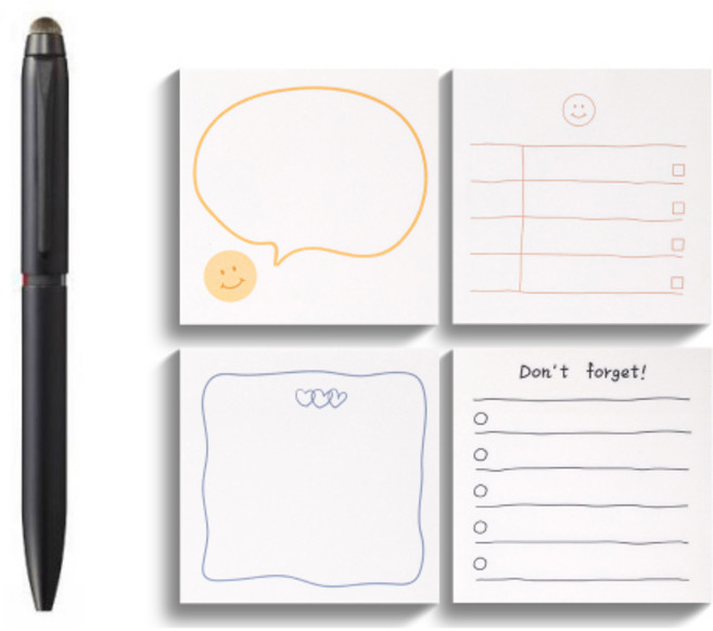 미쯔비시 제트스트림 듀얼 3색 터치펜 0.5mm + 델리 데일리 접착메모지 21540 4종 세트, 블랙(멀티펜), 메모지(혼합색상), 1세트