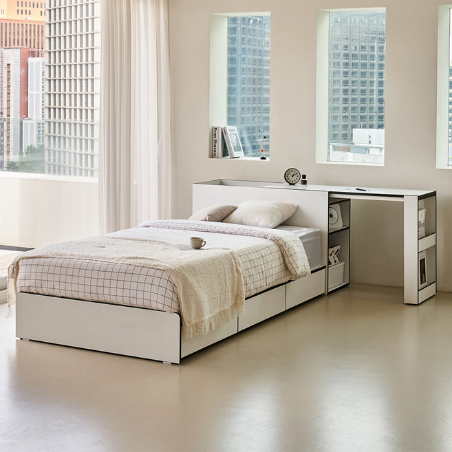 레이디가구 데이룸 책상형 수납 침대 SS 프레임 + 필로우탑 80T 매트리스 세트 방문설치, 프레임(데이 블랙) + 매트리스(샌드베이지)