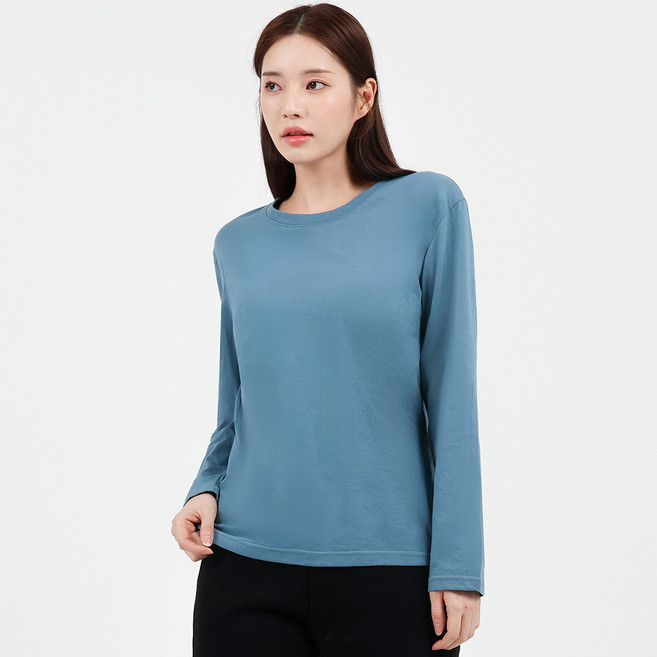 Elsso 女款透氣純棉日常素色基本款圓領長袖T恤