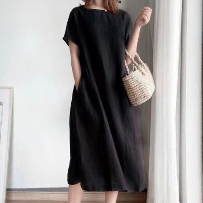 PEONIST 寬鬆Plus短袖長版連身裙 含大尺碼, 黑色