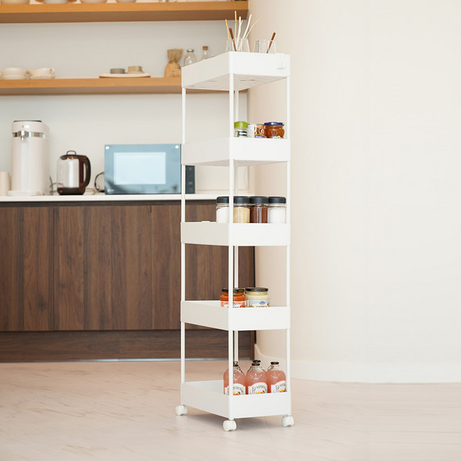 가쯔 이동식 트롤리 틈새 수납장, 화이트, 5단