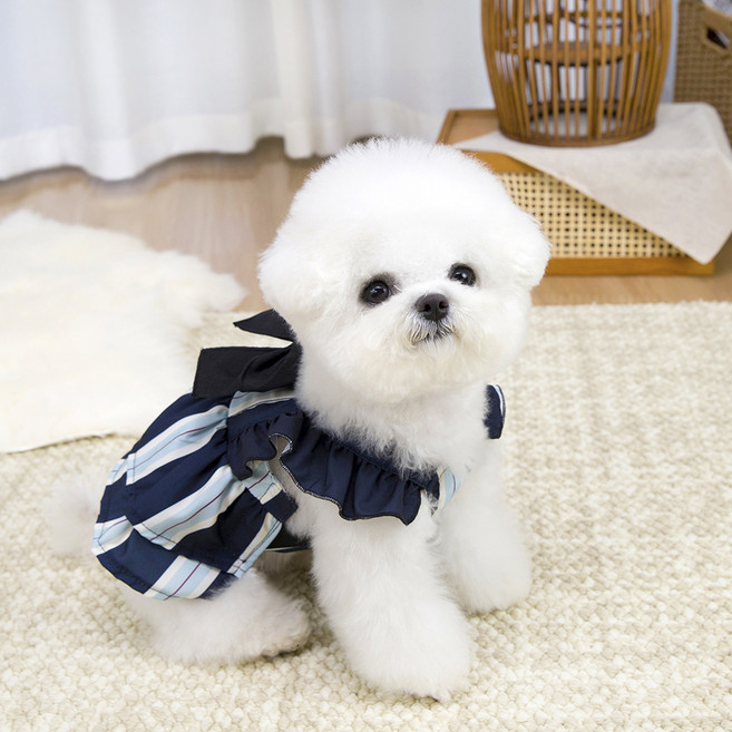 파스텔펫 반려동물 빅리본 스트라이프 원피스, 네이비, 1개