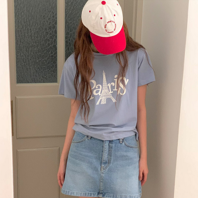 여성용 에포 일러스트 라운드넥 반팔 티셔츠