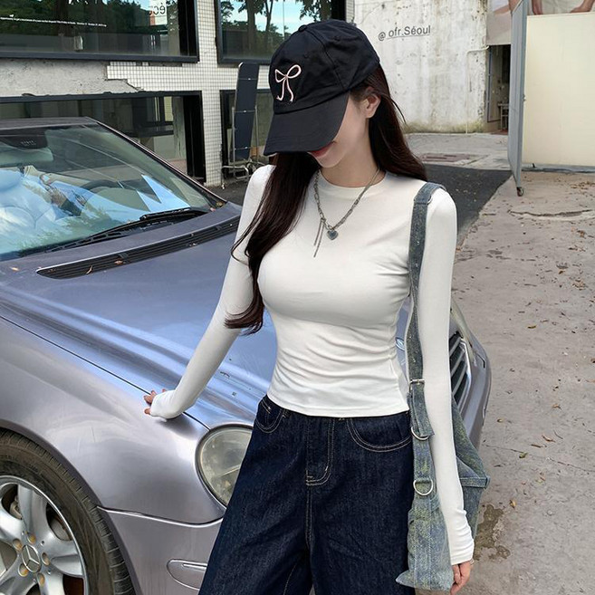 디멜디 여성용 슬림핏 라운드넥 봄 긴팔 티셔츠