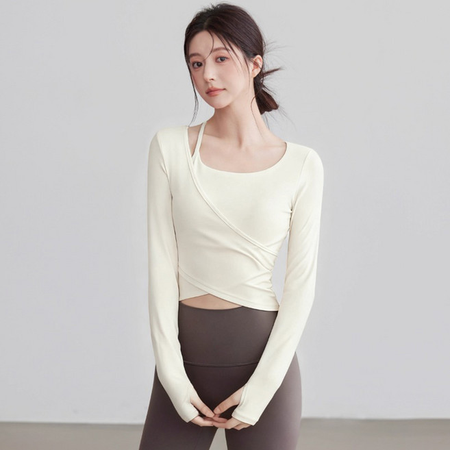 씨오브비 여성용 필라테스 요가 헬스 긴팔 스트랩 레이어드 탑