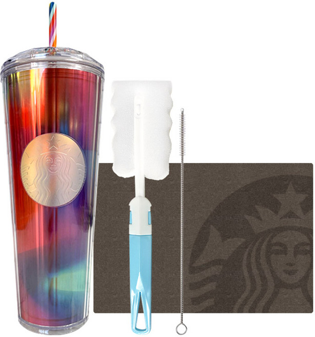 STARBUCKS 星巴克 幻彩圓頂蓋冷飲杯 + 清潔刷禮物組, 彩虹(冷飲杯), 隨機出貨(清潔刷), 710ml