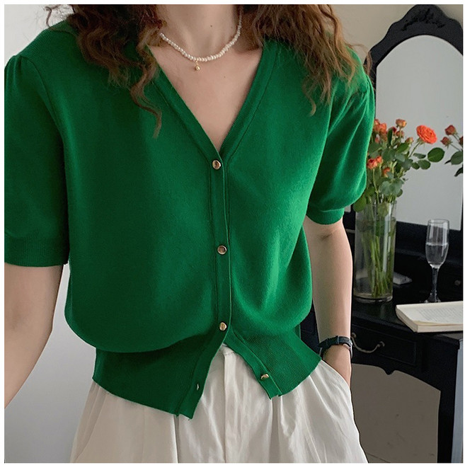 구디프 여성용 얇고 시원한 퍼프소매 데일리 반팔 브이넥 가디건
