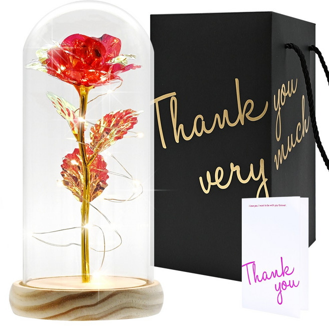 포포팬시 LED 오브제 골든 장미 유리돔 파티 무드등 대 + 메시지카드 세트 + 쇼핑백, 레드