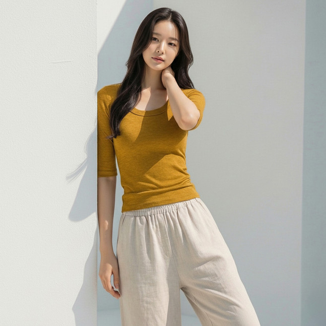 메이첼 여성용 논스톱 딥 U넥 슬림 5부 소매 티셔츠 12720