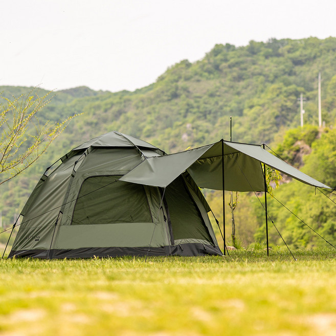 FAST CAMP Opera Banta Plus 一鍵式帳篷 3段側翼延伸 銀膠塗層遮陽棚, 3-4人用, 卡其色