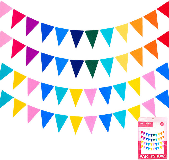 PARTYSHOW 毛氈三角派對掛旗 2款 x 2入組, 1套, 12色彩虹, 馬卡龍
