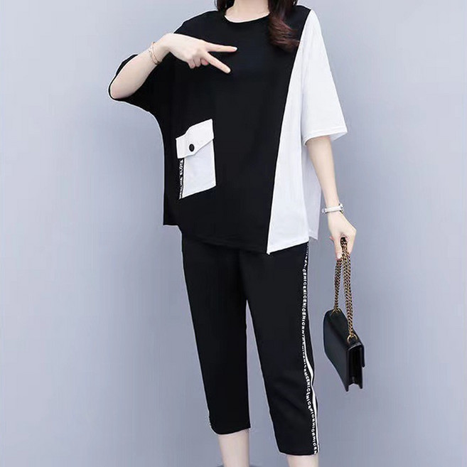Elsso 女款夏季寬鬆大尺碼上下身運動服套裝