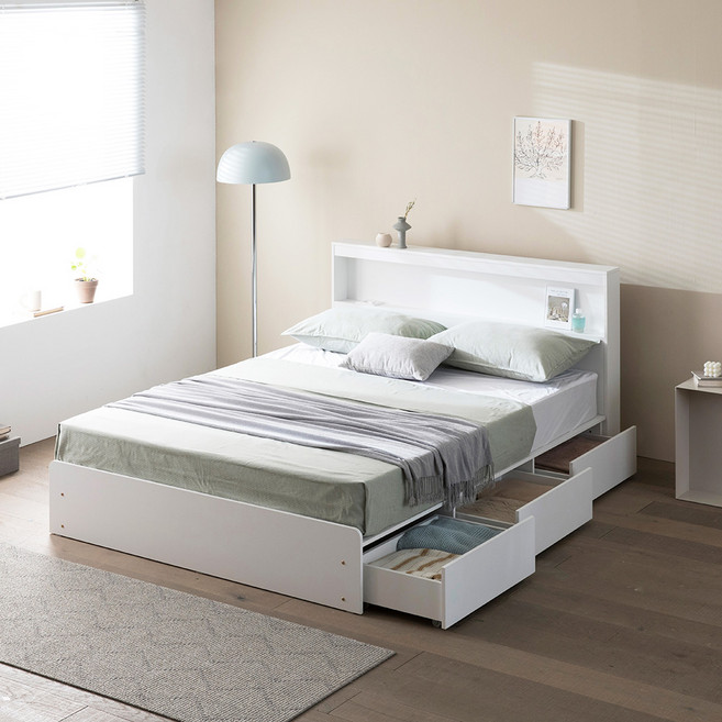 파로마 르마르 LED 수납 침대 + 독립 매트리스 방문설치, 화이트