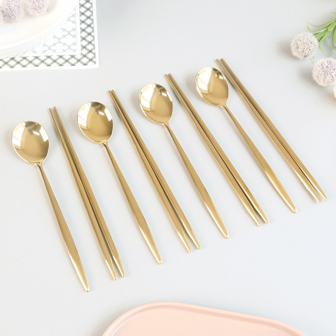 보겐 킹덤 4인 한식 수저세트, 골드, 1세트, 숟가락 4p +  젓가락 4p