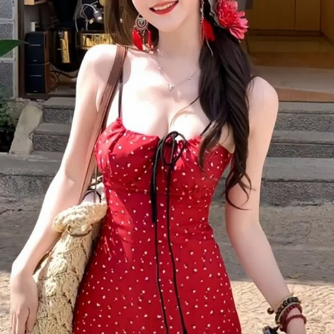 I'M MONG 女款Girse圓點細肩帶背心連身裙, 紅色