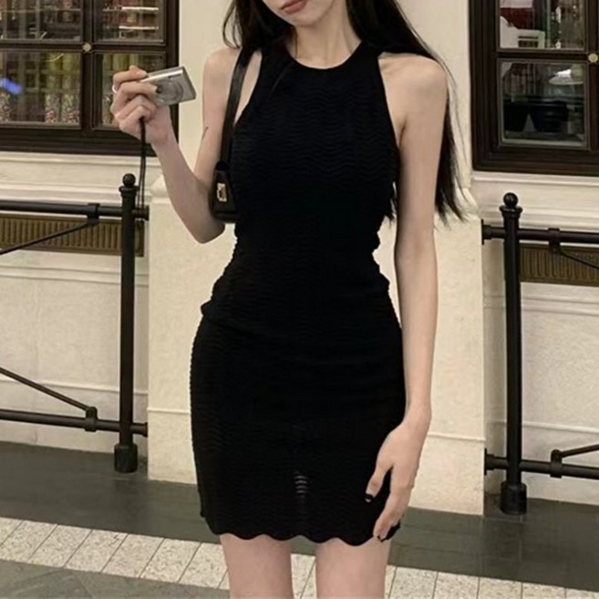 I'M MONG 女款 Siero 針織掛脖修身迷你連身裙, 黑色