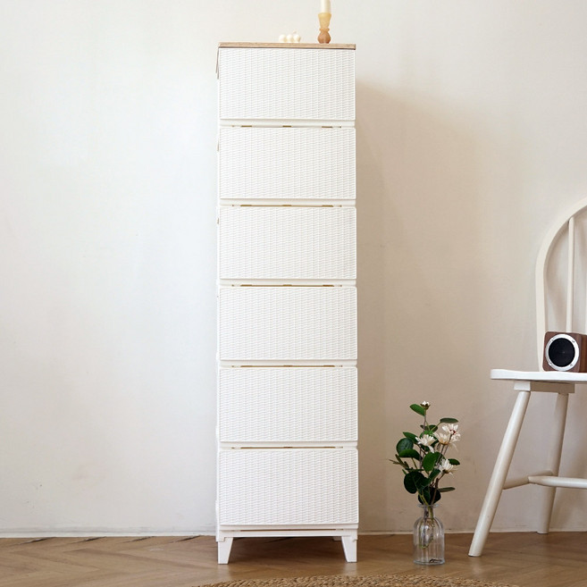 보노하우스 에버 라탄 우드상판 서랍장 일반형, 화이트, 6단