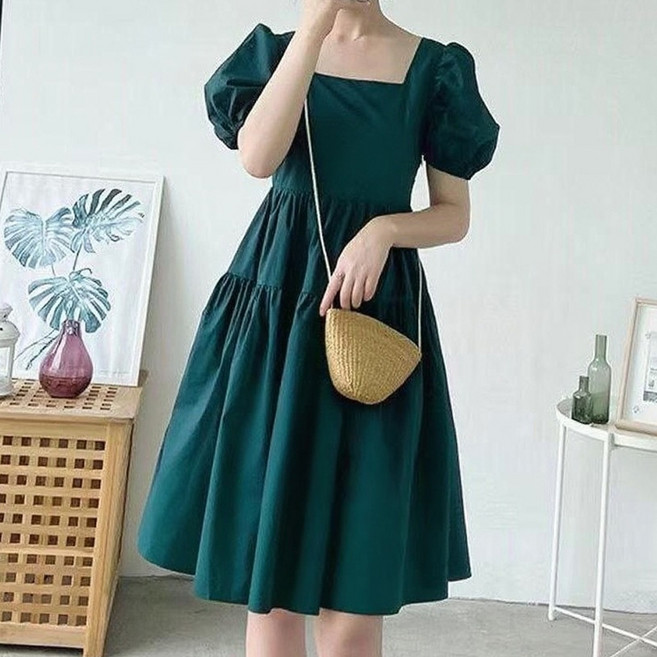 TheSirup 女款方領泡泡袖A字褶皺中長洋裝, 綠色