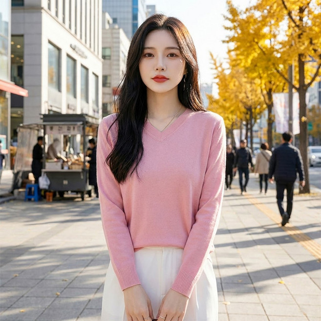 안다로미 여성용 부드러운 브이넥 봄 기본 니트