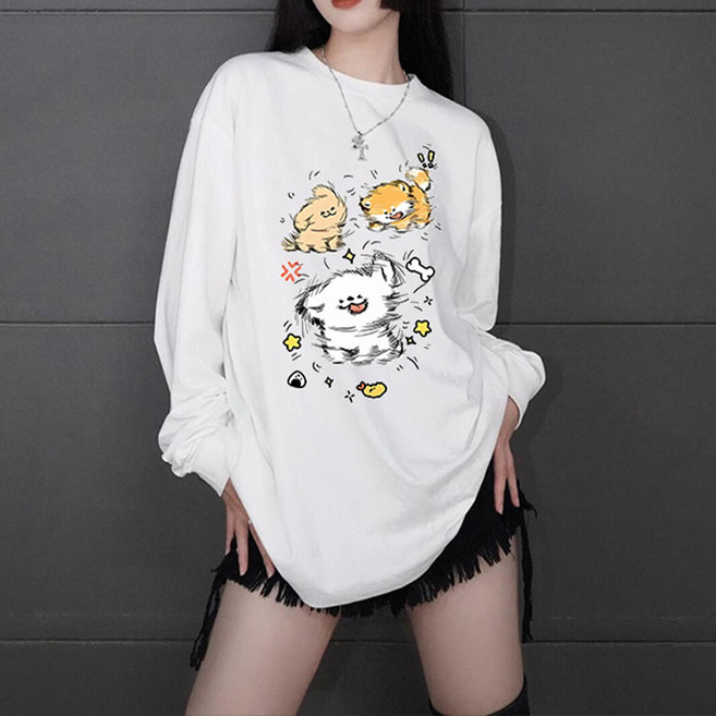 Goodif 女款Oversize印花長袖寬鬆日常箱型長版T恤