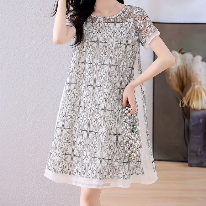 ATTERLIC 荷葉邊蕾絲網紗雙色夏季連身裙 10290 含大尺碼, 白黑色