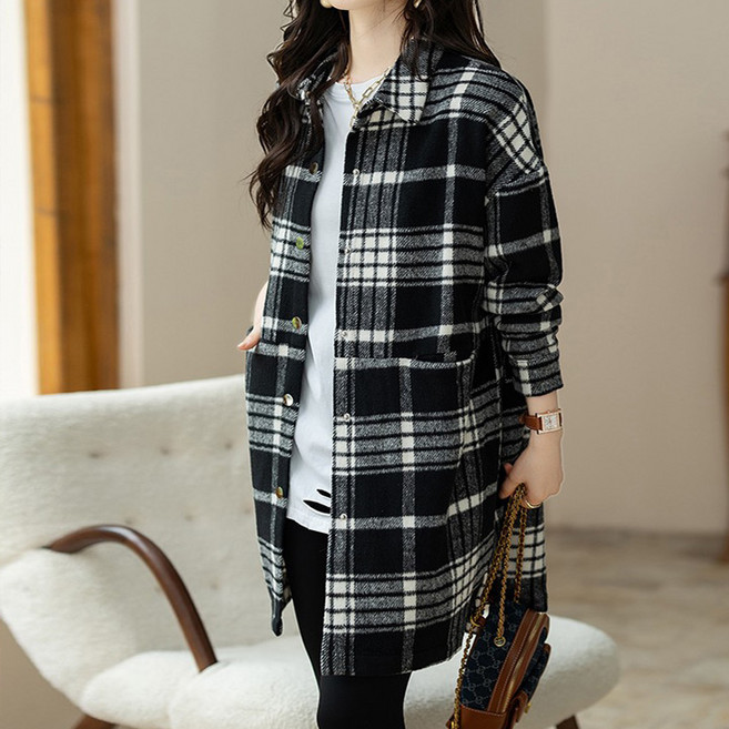 퀸이즈 여성용 체크 패턴 롱 셔츠 자켓