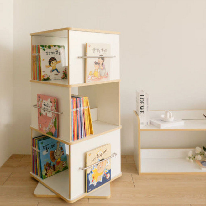 심플룸 아동용 회전 전면 책장, 화이트, 3단