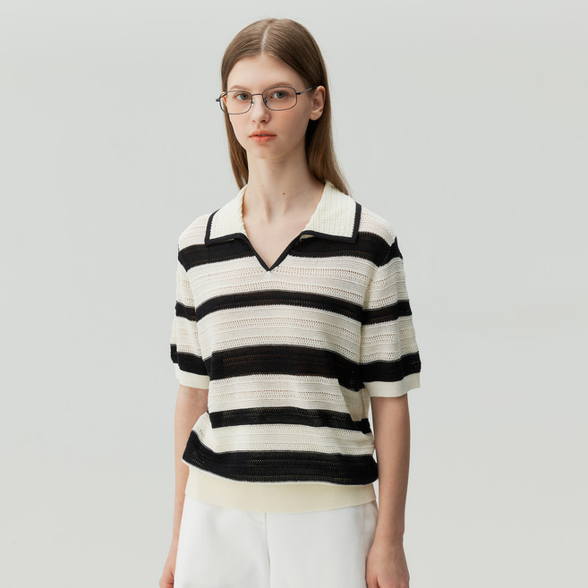 마인드브릿지 여성용 스트라이프 크로쉐 카라 니트 MZKT3206