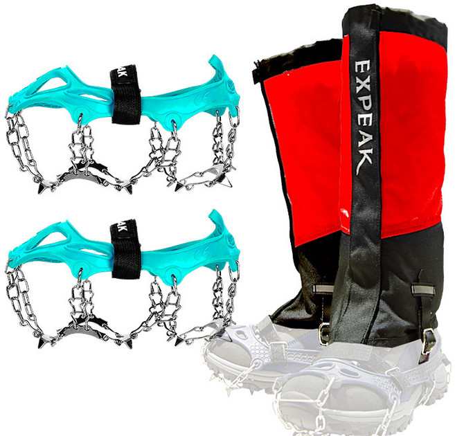 엑스피크 툰드라 13P 아이젠 + 하드케이스 + 피나클 롱스패츠 세트, 민트(아이젠), 레드(스패츠)