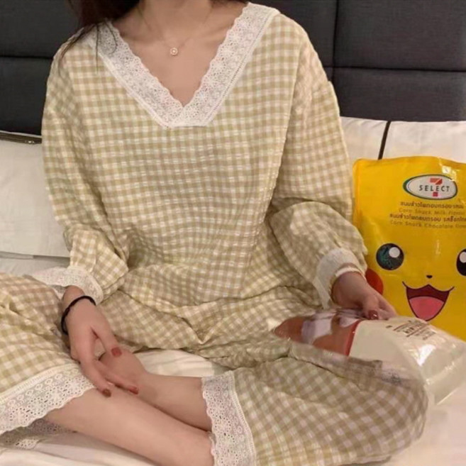 피어니스트 여성용 브이 레이스 체크 잠옷