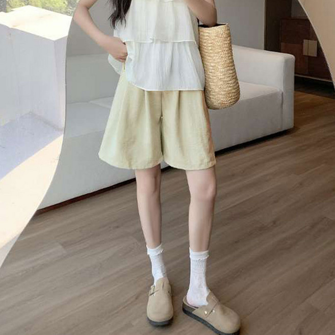 더시럽 여성용 하이웨이스트 핀턱 슬링 5부 팬츠