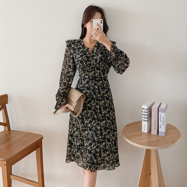 로미스토리 여성용 프릴 로맨틱 플라워 원피스