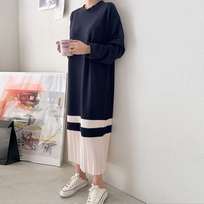 Tari 撞色百褶大尺碼長版連身裙 孕婦裝 R609
