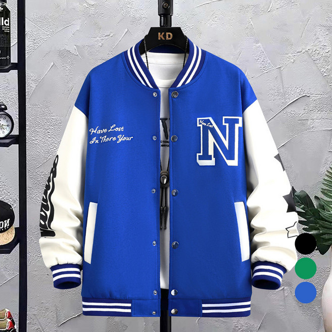 엘쏘 남녀공용 오버핏 바시티 배색 블루종 야구점퍼