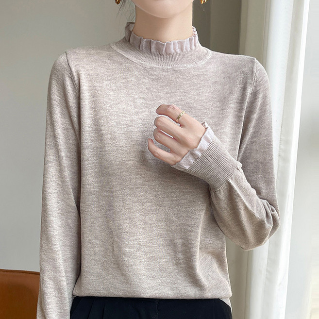 라라티나 여성용 엘레나 하프 터틀넥 손목 프릴 얇은 긴팔 니트