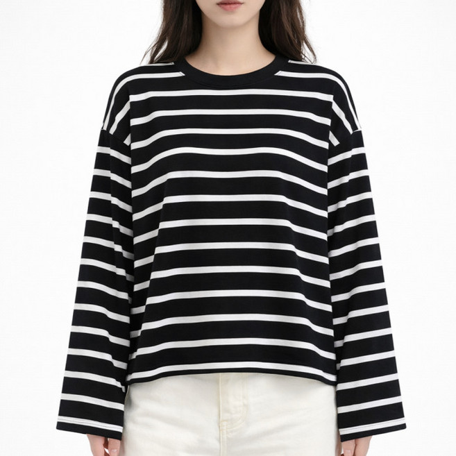 라라온 여성용 라운드넥 스트라이프 크롭 긴팔 티셔츠 26TSP3686