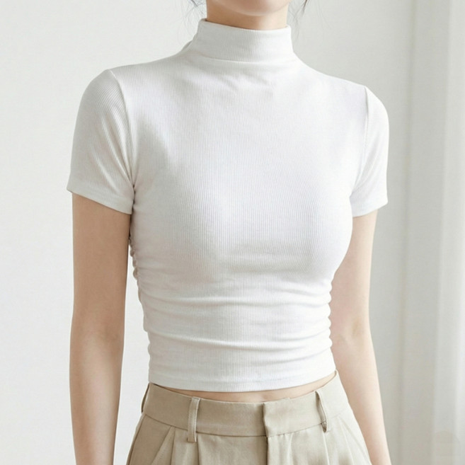 소니오 여성용 슬림 크롭 하프넥 반팔 니트