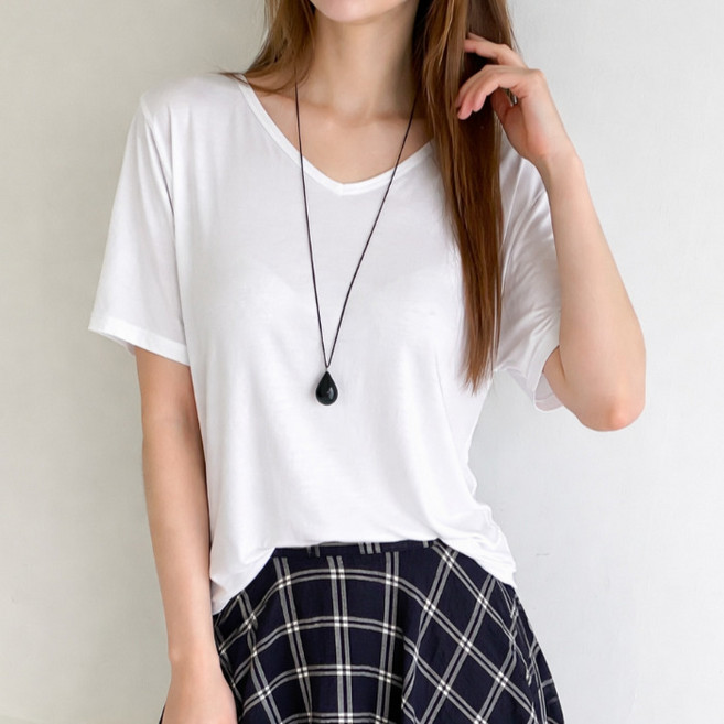 라라온 여성용 기본 브이넥 반팔 스판 티셔츠 26TSP3829