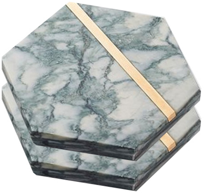 마켓피오 고급 대리석 골드라인 티코스터, 육각그린, 2개