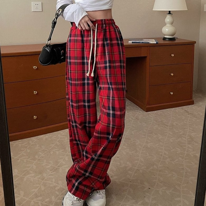 I'M MONG 女款Dosera鬆緊帶寬版格紋長褲