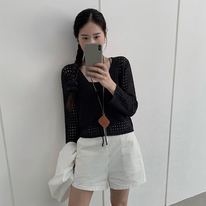 TANIZ 女款 Moblic 鏤空網紗蝴蝶結長袖針織開襟衫