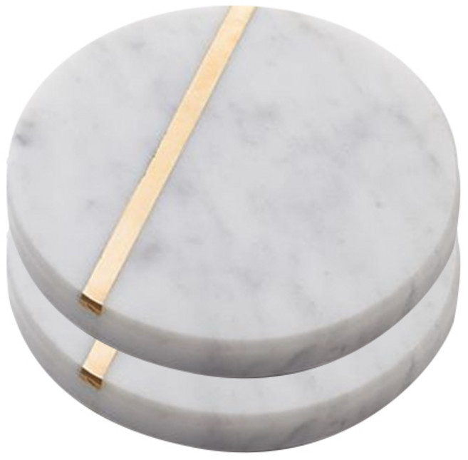 마켓피오 고급 대리석 골드라인 티코스터, 원형화이트, 2개