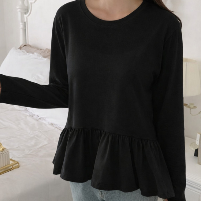 라라온 여성용 프릴 밑단 라운드넥 긴팔 티셔츠 25TSP3594