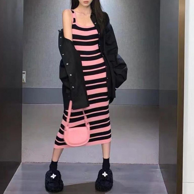 Goodif 條紋針織細肩帶連身裙, 粉紅色