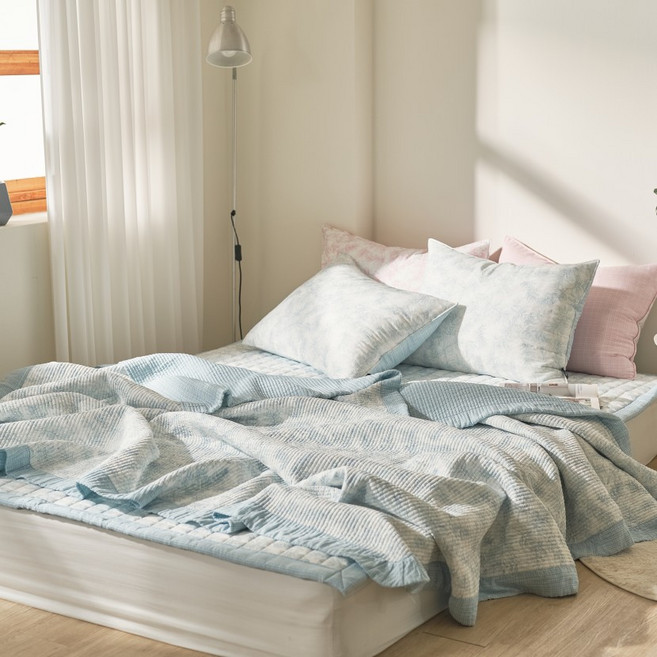 배딩시그널 바바라 모달 워싱 줄누비 시원한 여름이불 스프레드 베개커버 세트, 블루