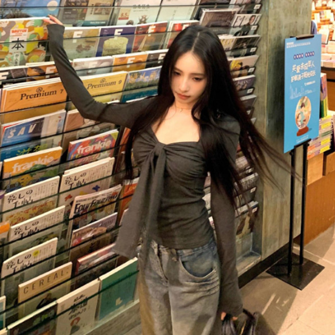 피어니스트 여성용 리본 매듭 가슴 셔링 긴팔 슬림 티셔츠