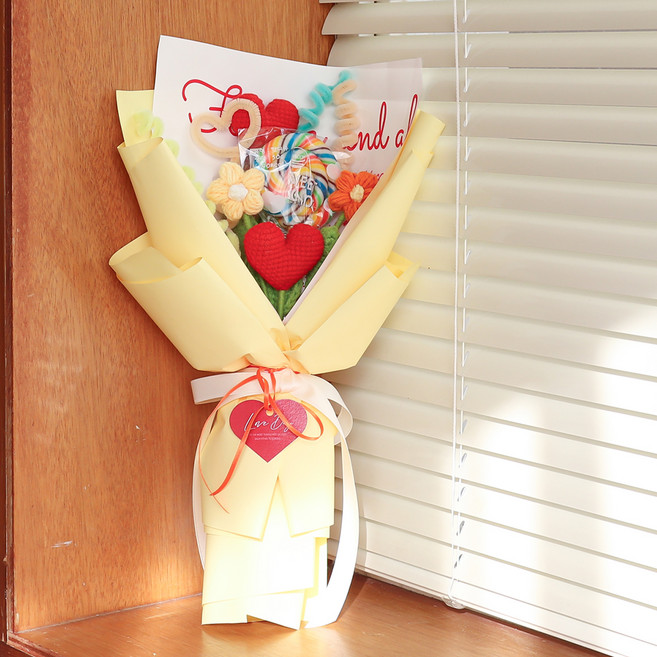 아스파시아 샤이닝 하트 롤리팝 모루 꽃다발, 옐로우