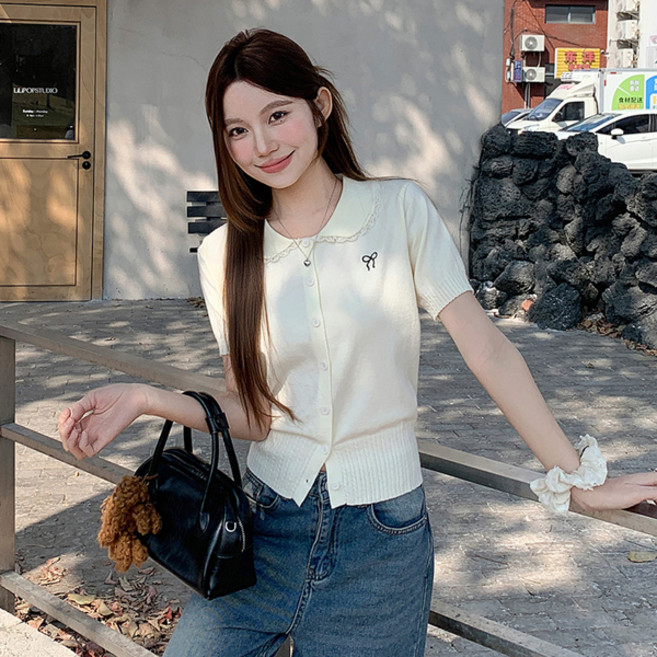 어썸풀 여성용 레키이디 리본 자수 배색 카라 반팔 가디건 A26SMC031204