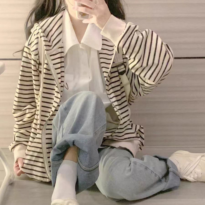 피어니스트 스트라이프 후드 루즈핏 긴팔 탑집업